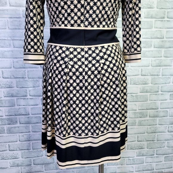 Eliza J Womens 12 Cream Black Geometric Pleated Skirt 3/4 Sleeve Fit Flare Dress - Picture 8 of 11